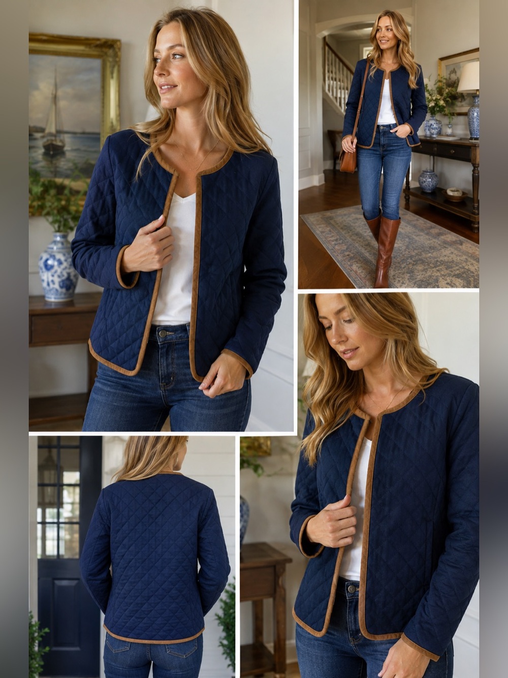 Vineyard Vines Quilted Barn Jacket L Navy Faux Suede Trim Coastal Preppy Quiet L
